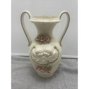 Vintage Cherub Angel Vase Ivory Ceramic Pink 3D Roses Gold Trim Dual Handle